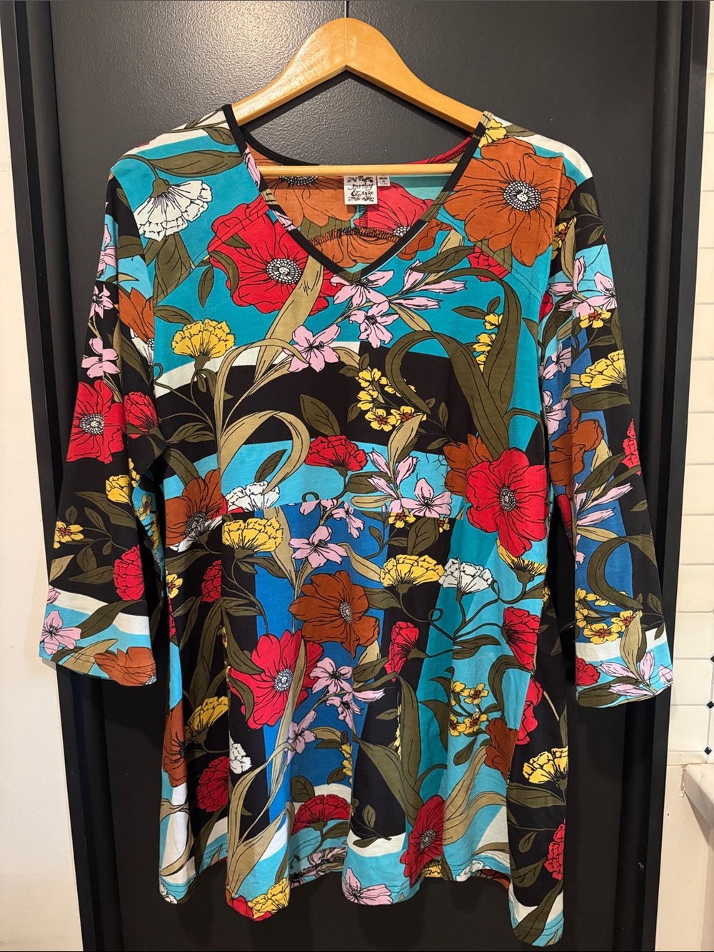 Floral V-Neck Tunic Dress in Teal and Multi